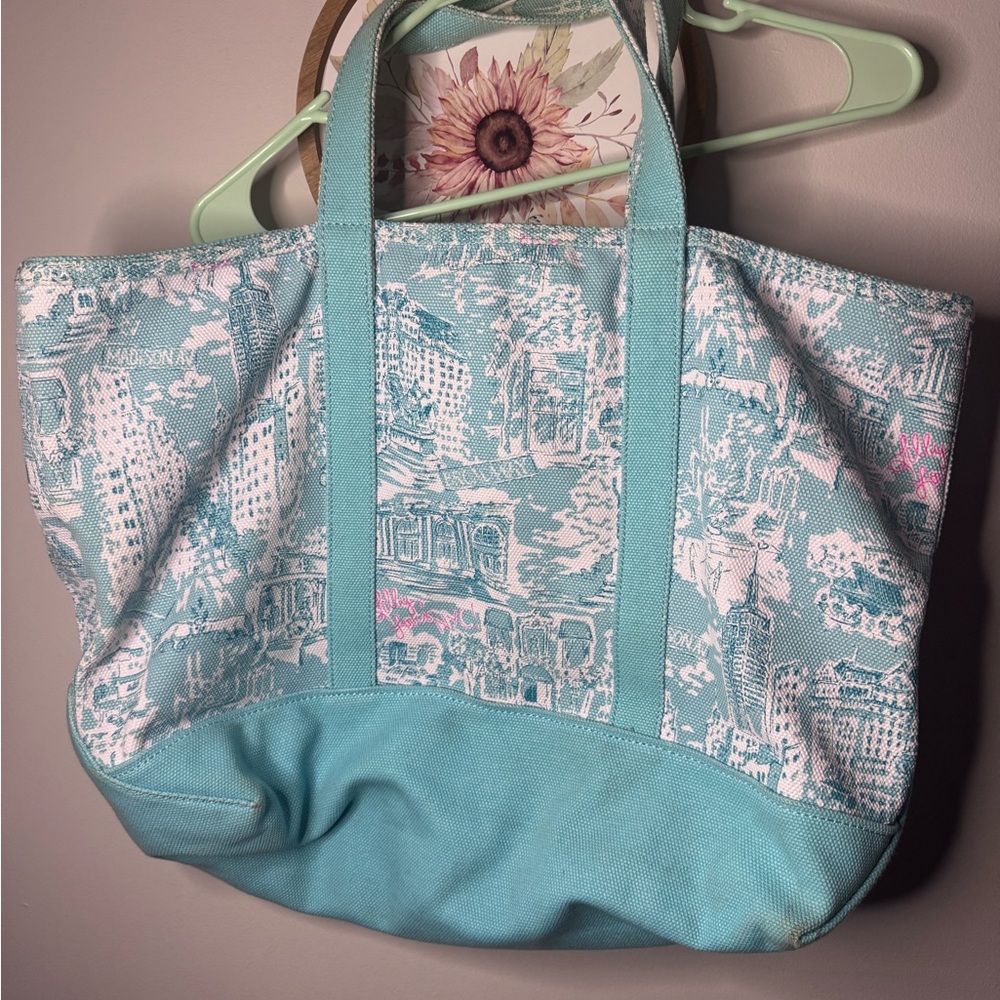 Lilly Pulitzer New York Light Blue Canvas Tote Bag with Cityscape Print